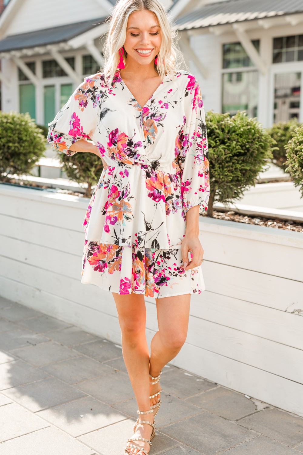Influenced By Florals Pink Floral 3/4 Sleeve Dress