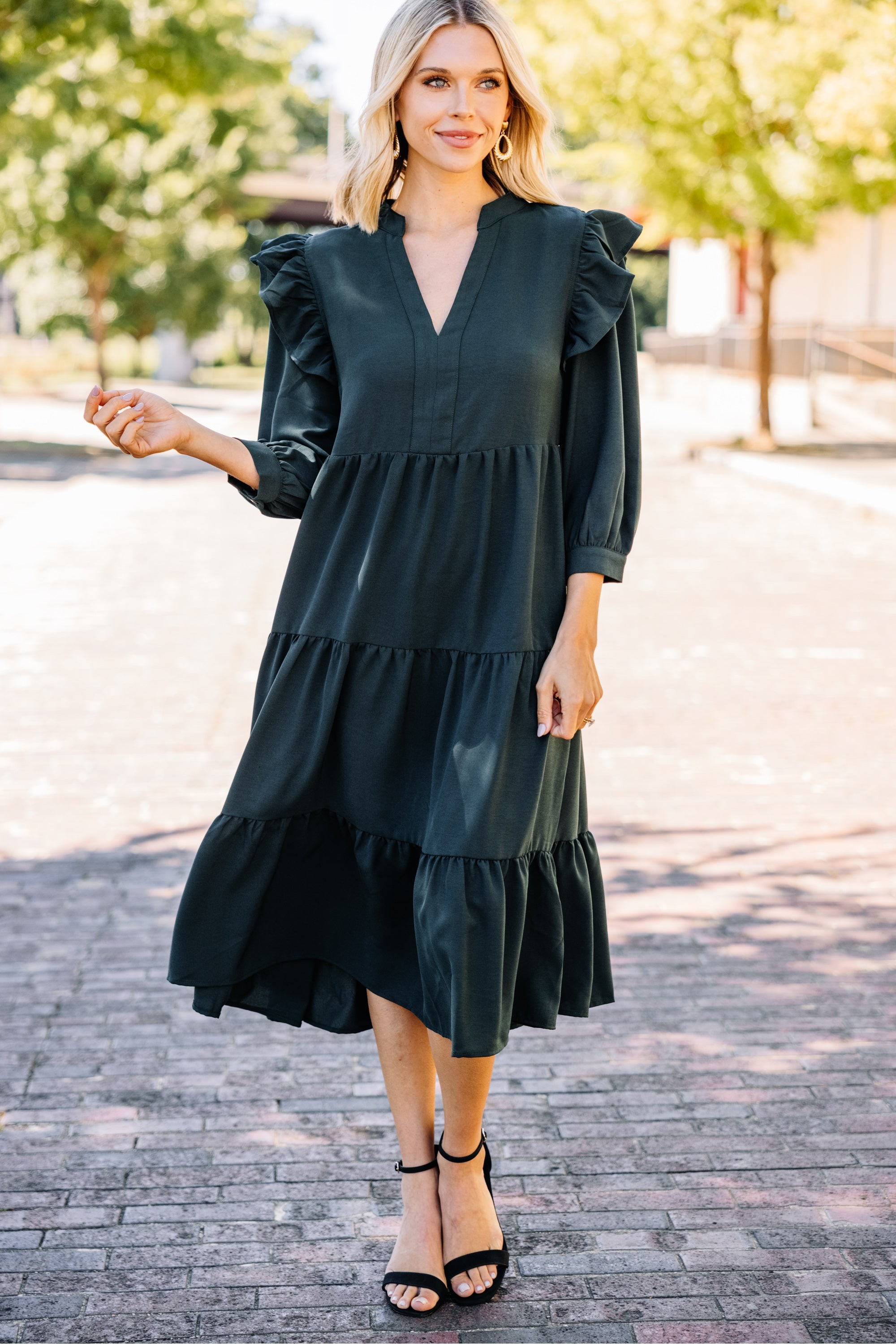 Pursue Your Dreams Dark Hunter Green Ruffled Midi Dress