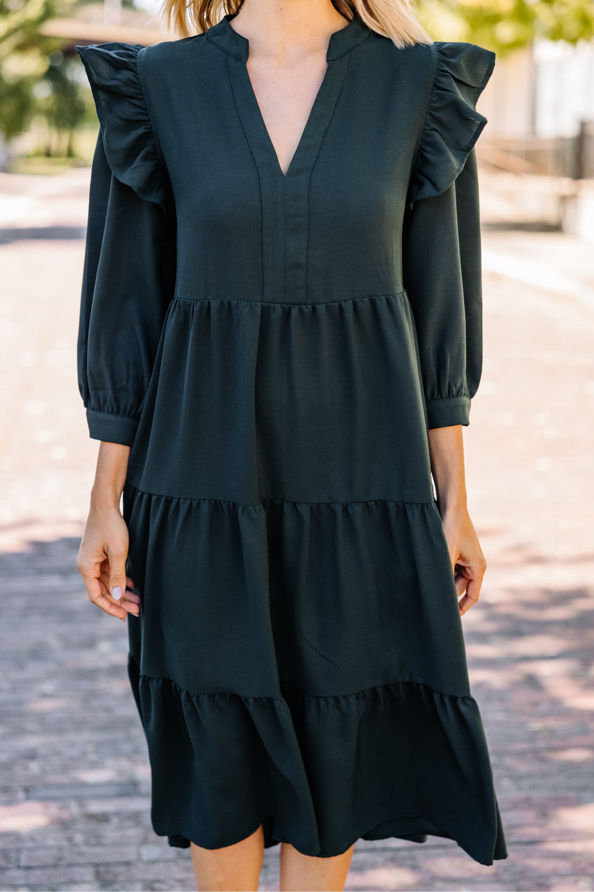 Pursue Your Dreams Dark Hunter Green Ruffled Midi Dress