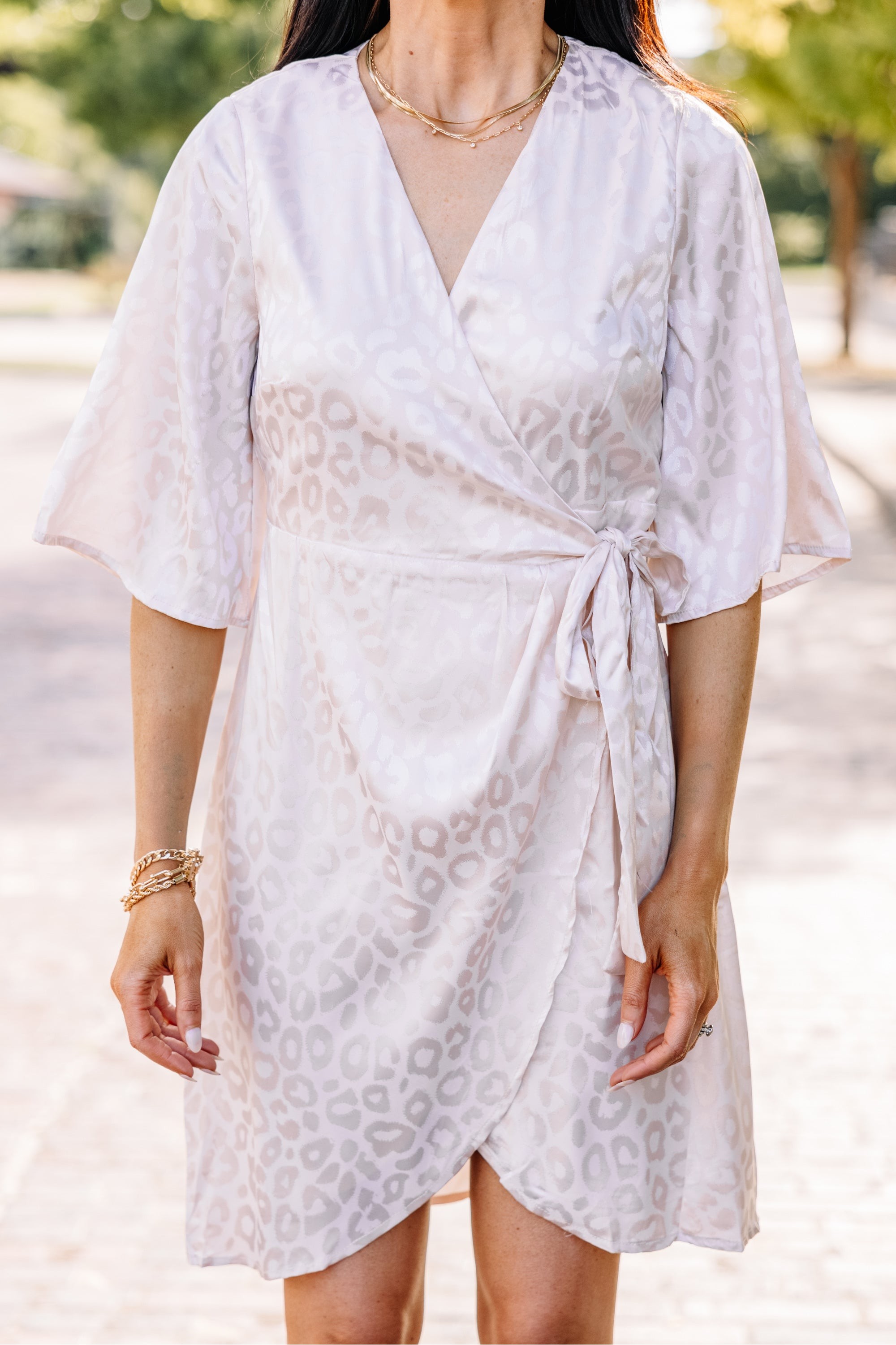 Make Your Mark Champagne White Satin Leopard Wrap Dress
