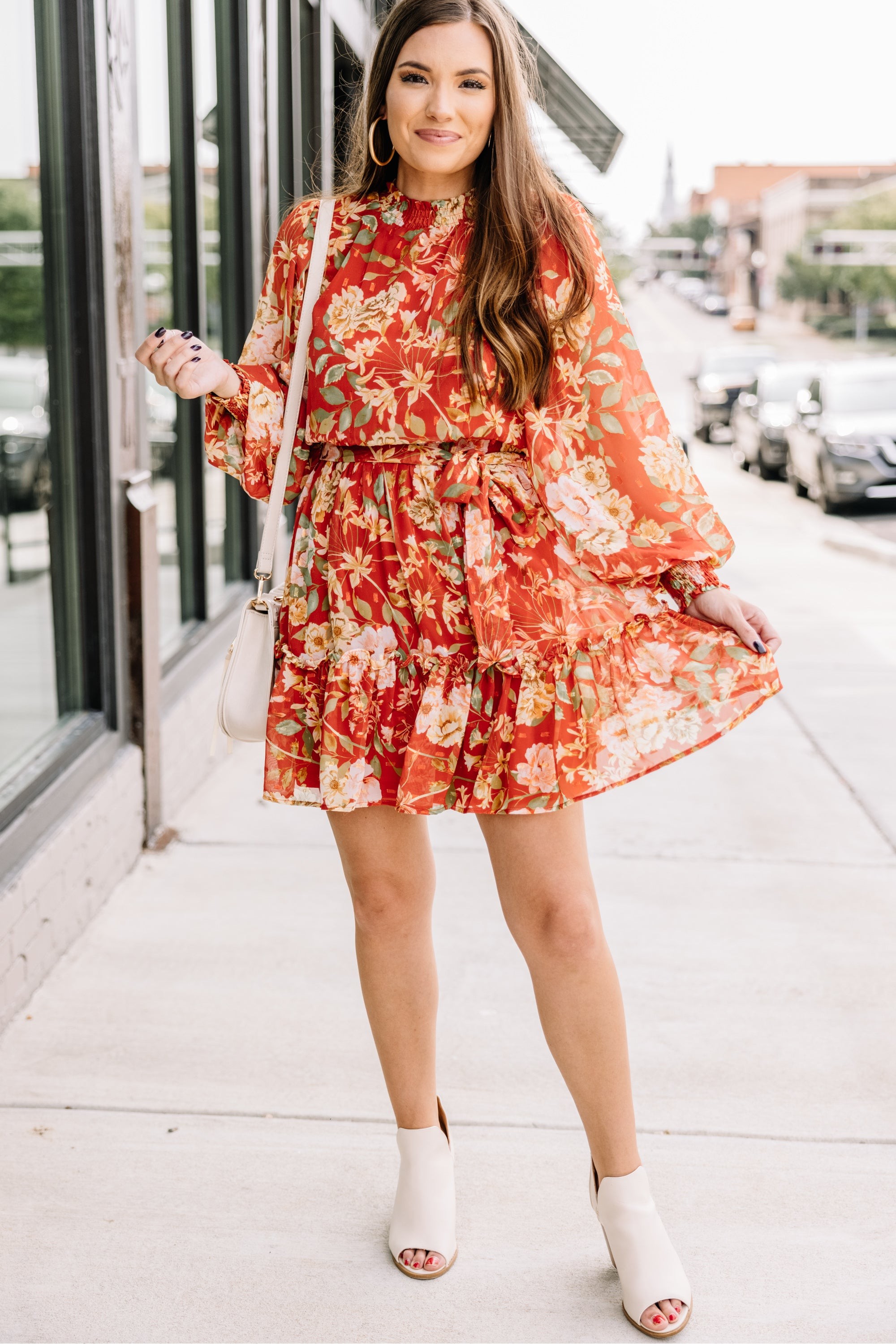 Now Or Never Rust Orange Floral Mini Dress