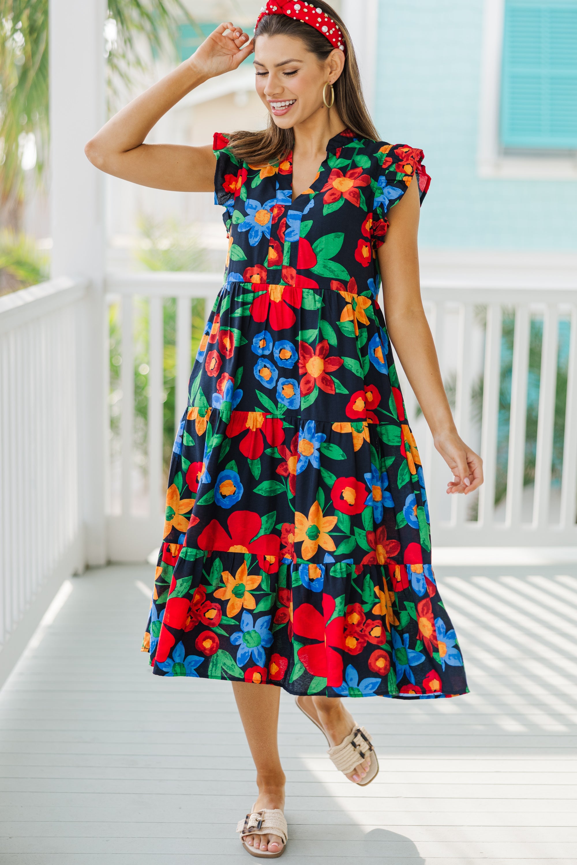Created Beauty Navy Blue Floral Midi Dress