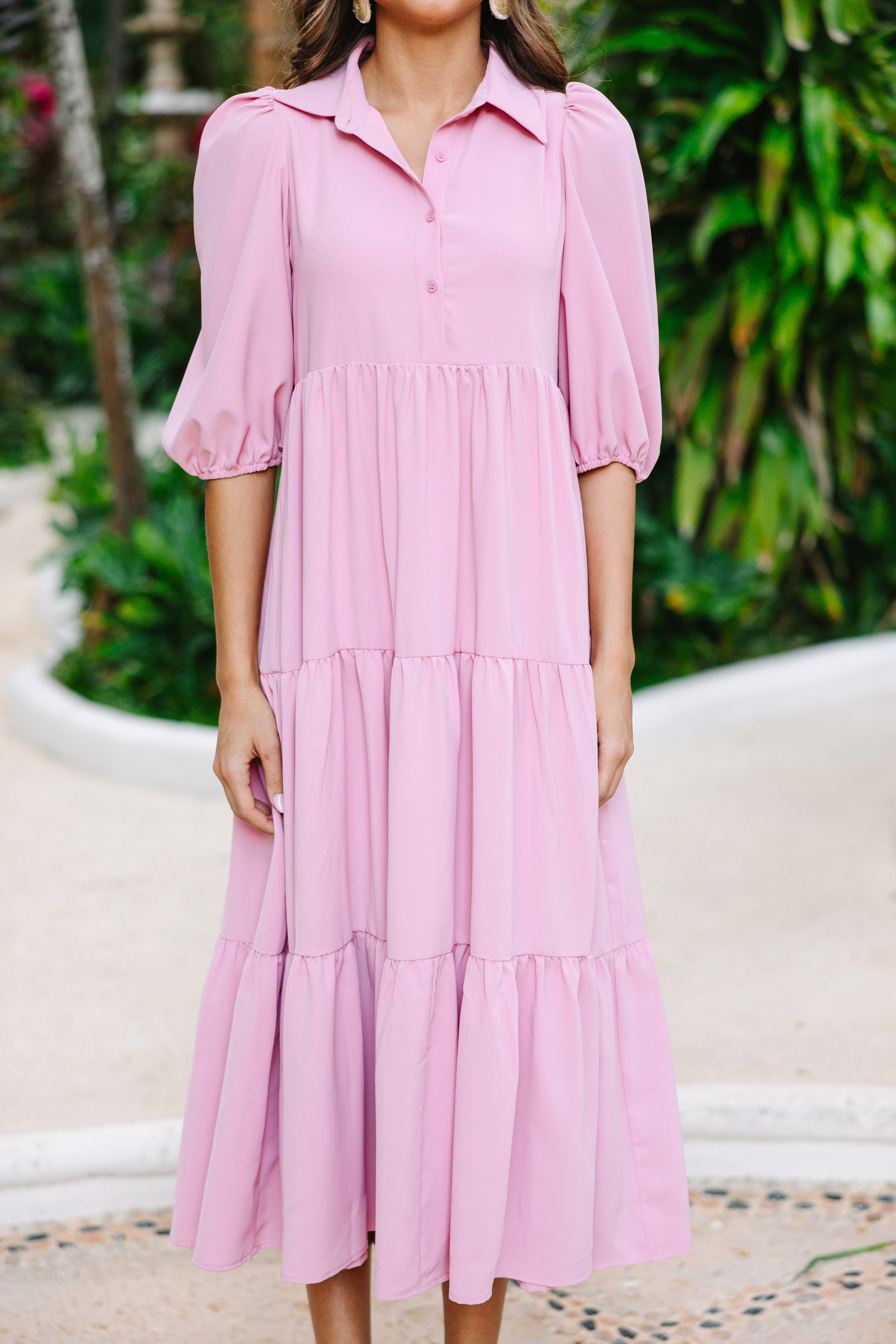 Love Found Mauve Pink Tiered Midi Dress