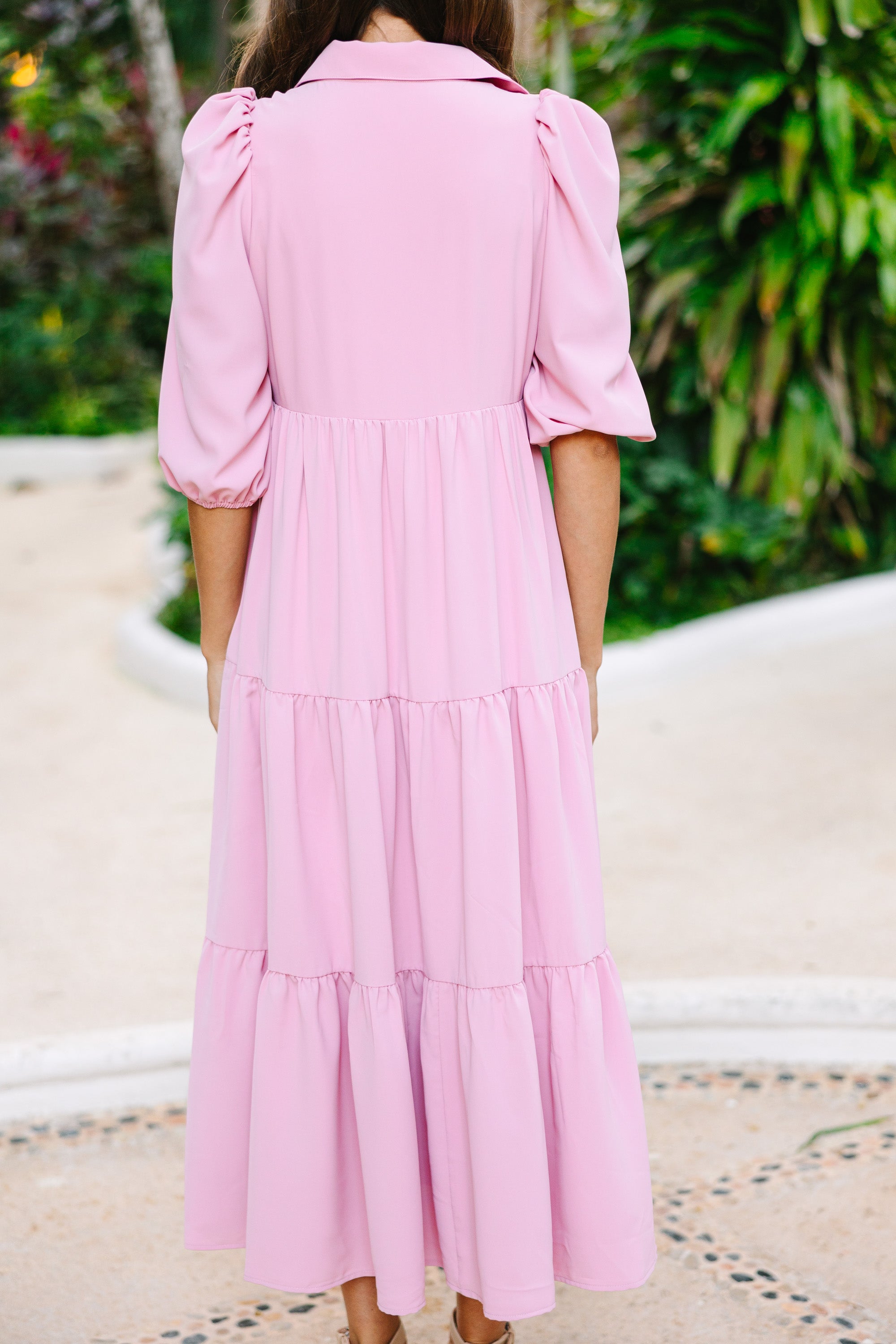 Love Found Mauve Pink Tiered Midi Dress