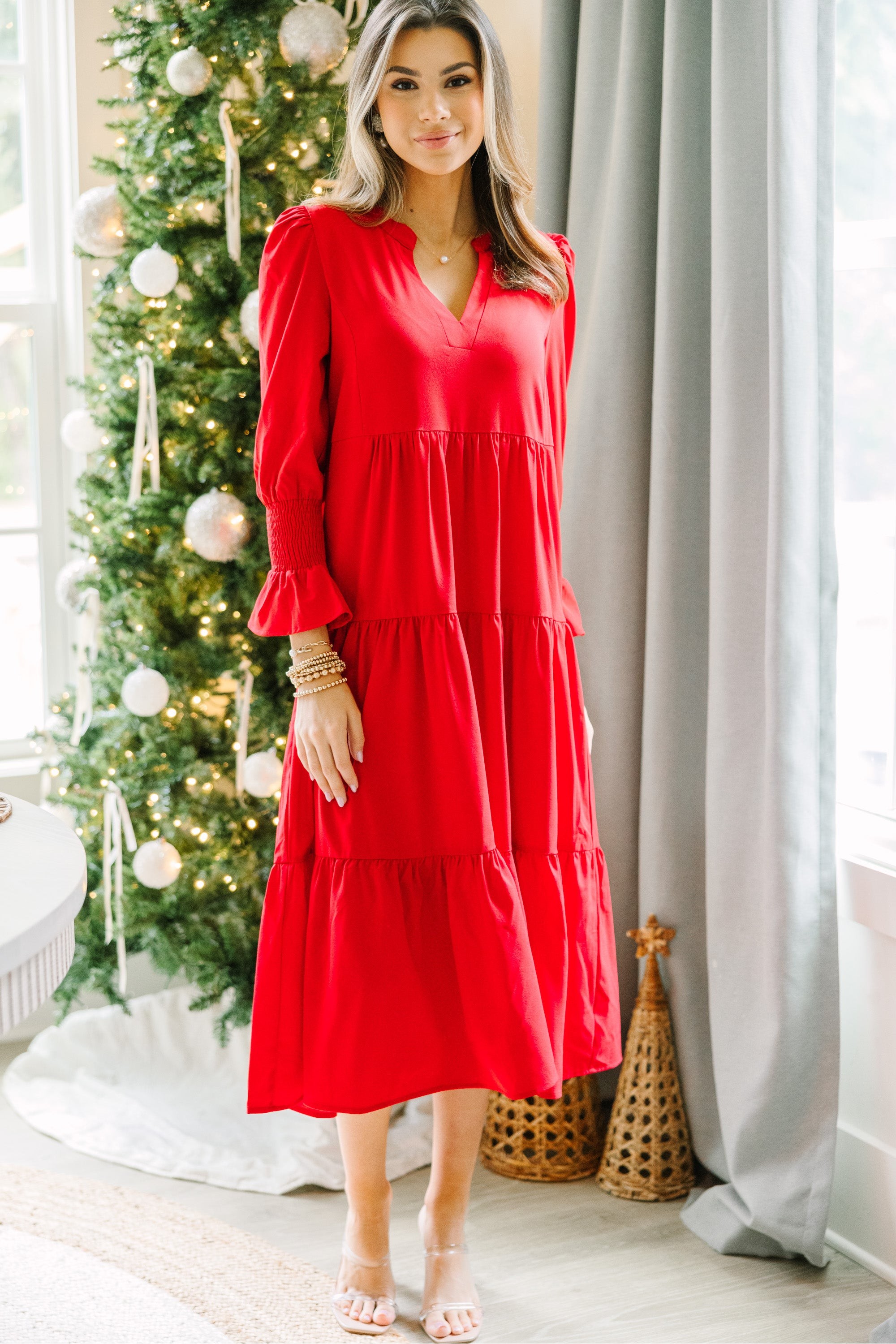 What A Surprise Red Ruffled Midi Dress