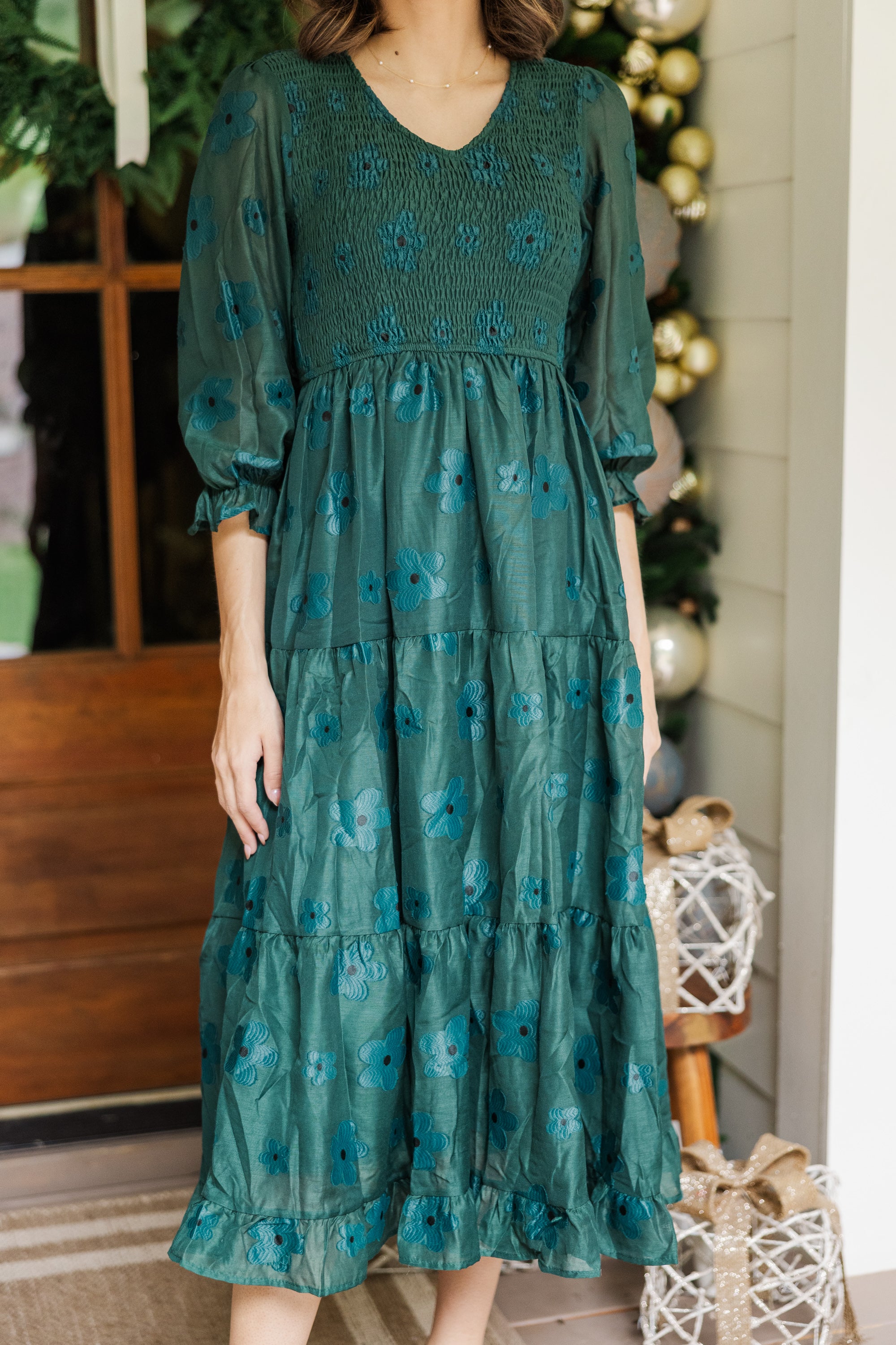 Just To Know You Emerald Green Floral Midi Dress