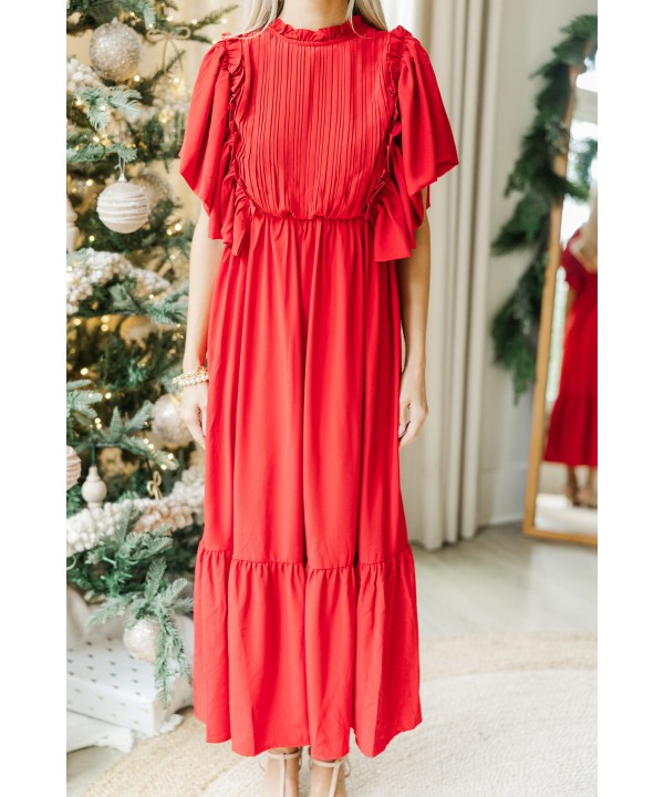 All The Good Red Ruffled Midi Dress