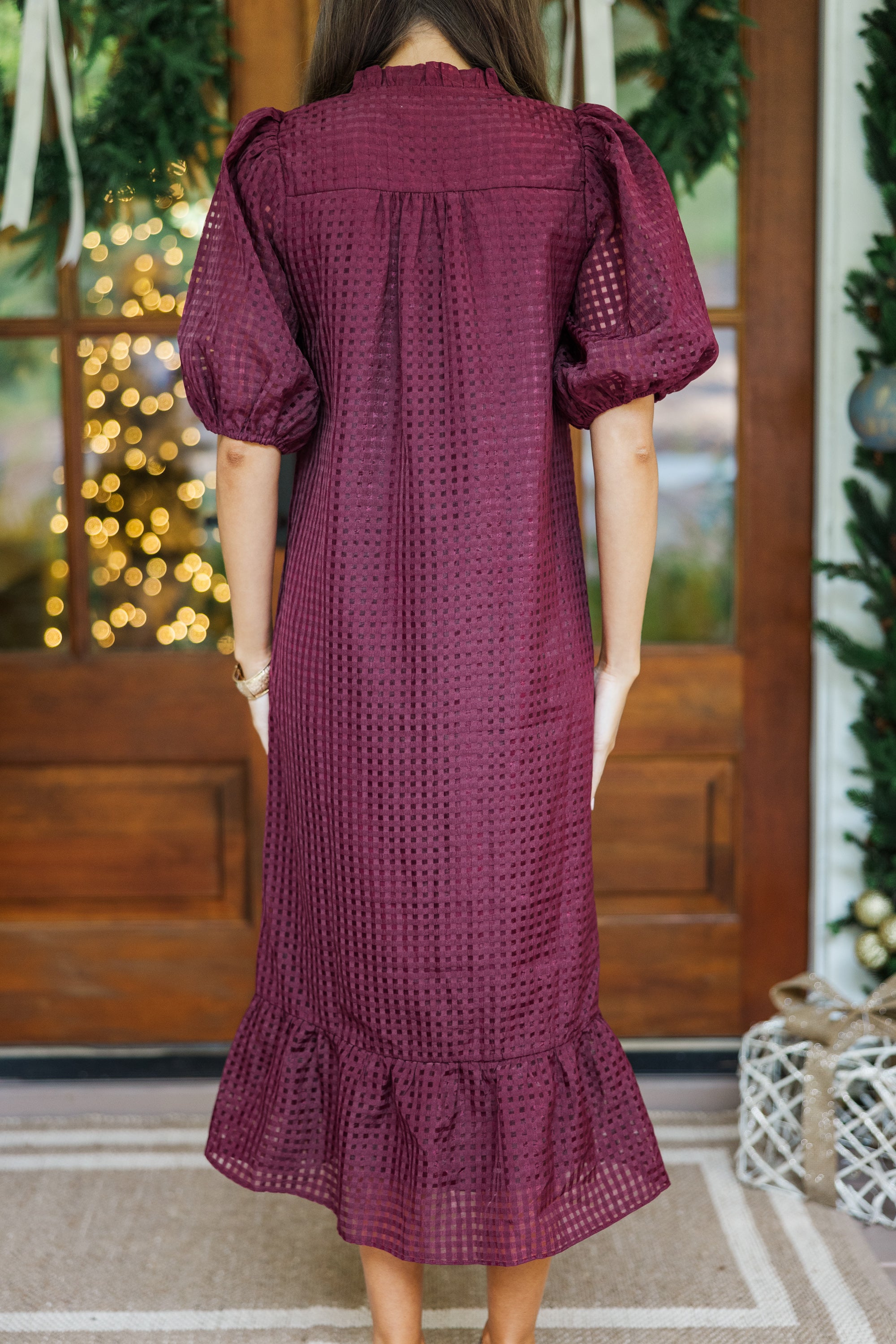See The Light Burgundy Textured Midi Dress