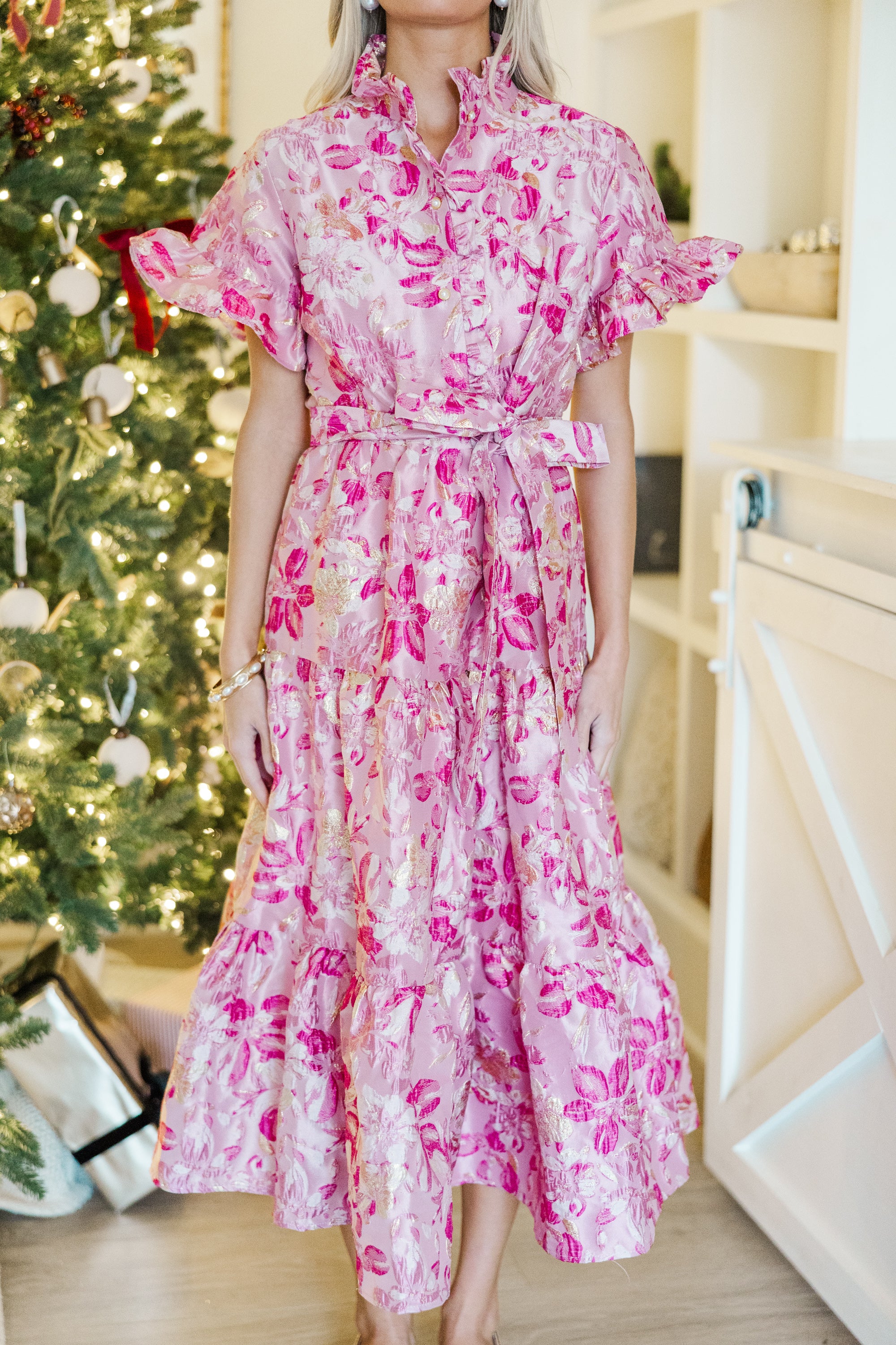 I'll Be There Fuchsia Pink Floral Brocade Midi Dre...