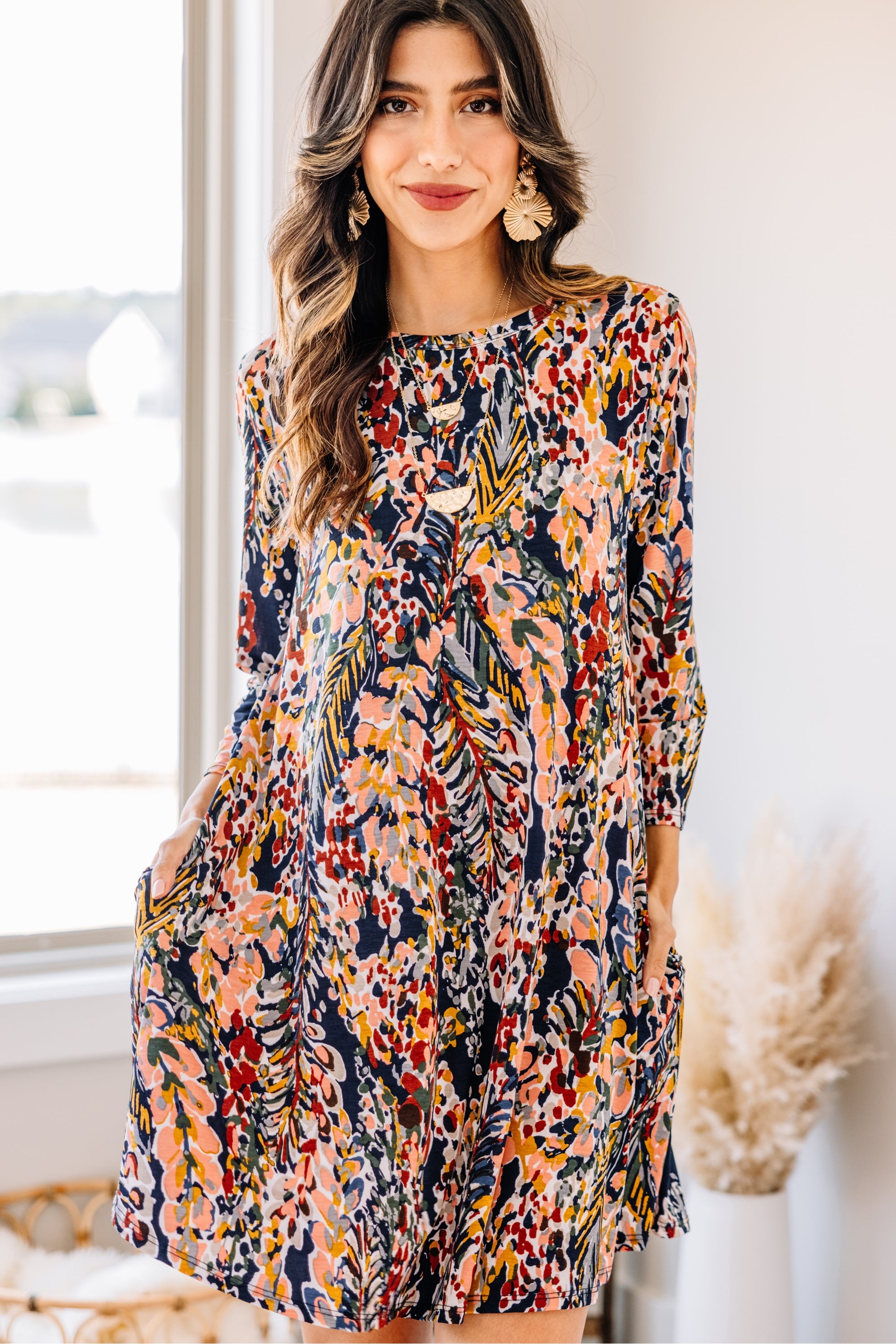 Just You Wait Dark Navy Blue Floral 3/4 Sleeve Dre...