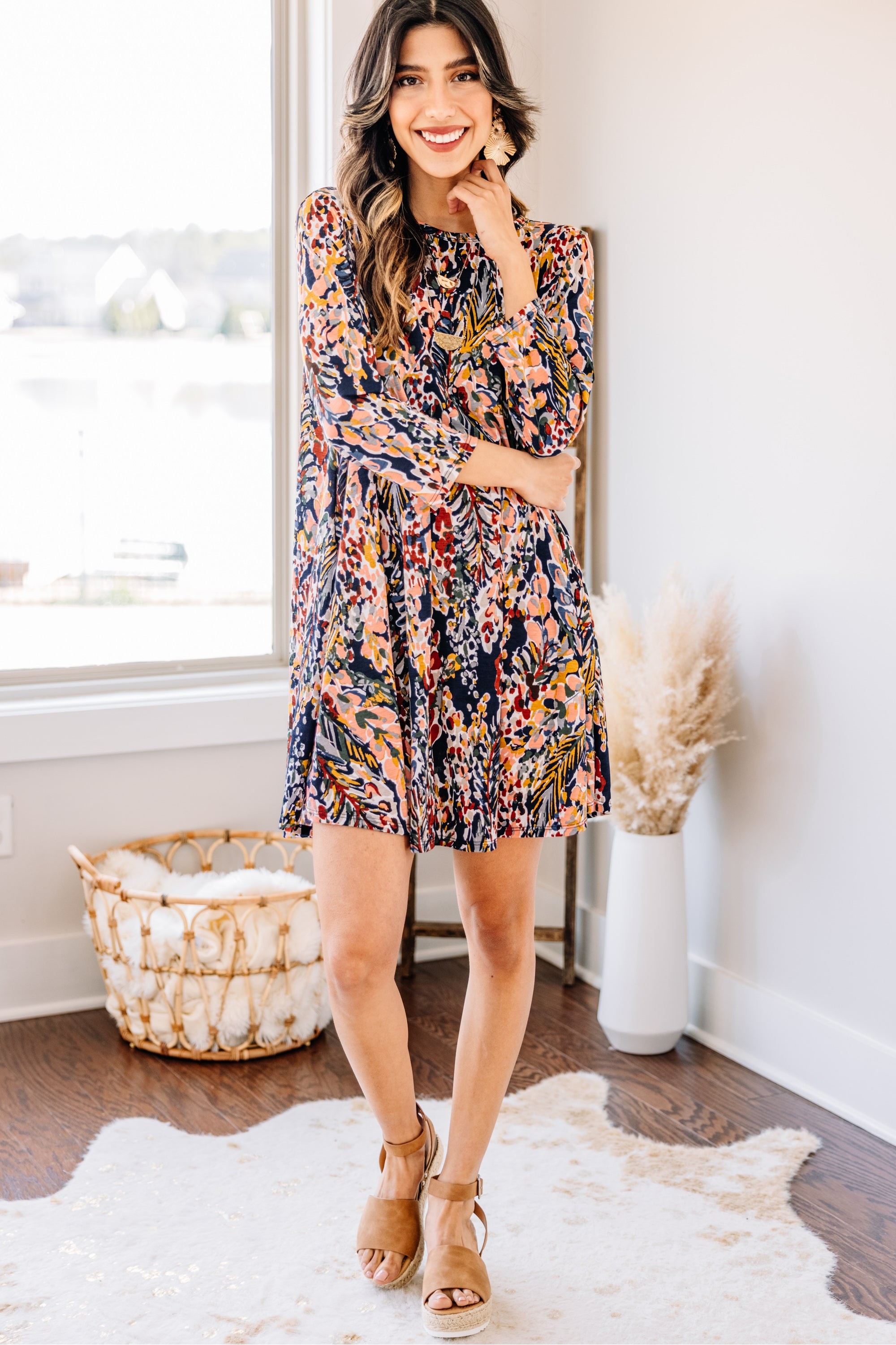 Just You Wait Dark Navy Blue Floral 3/4 Sleeve Dress