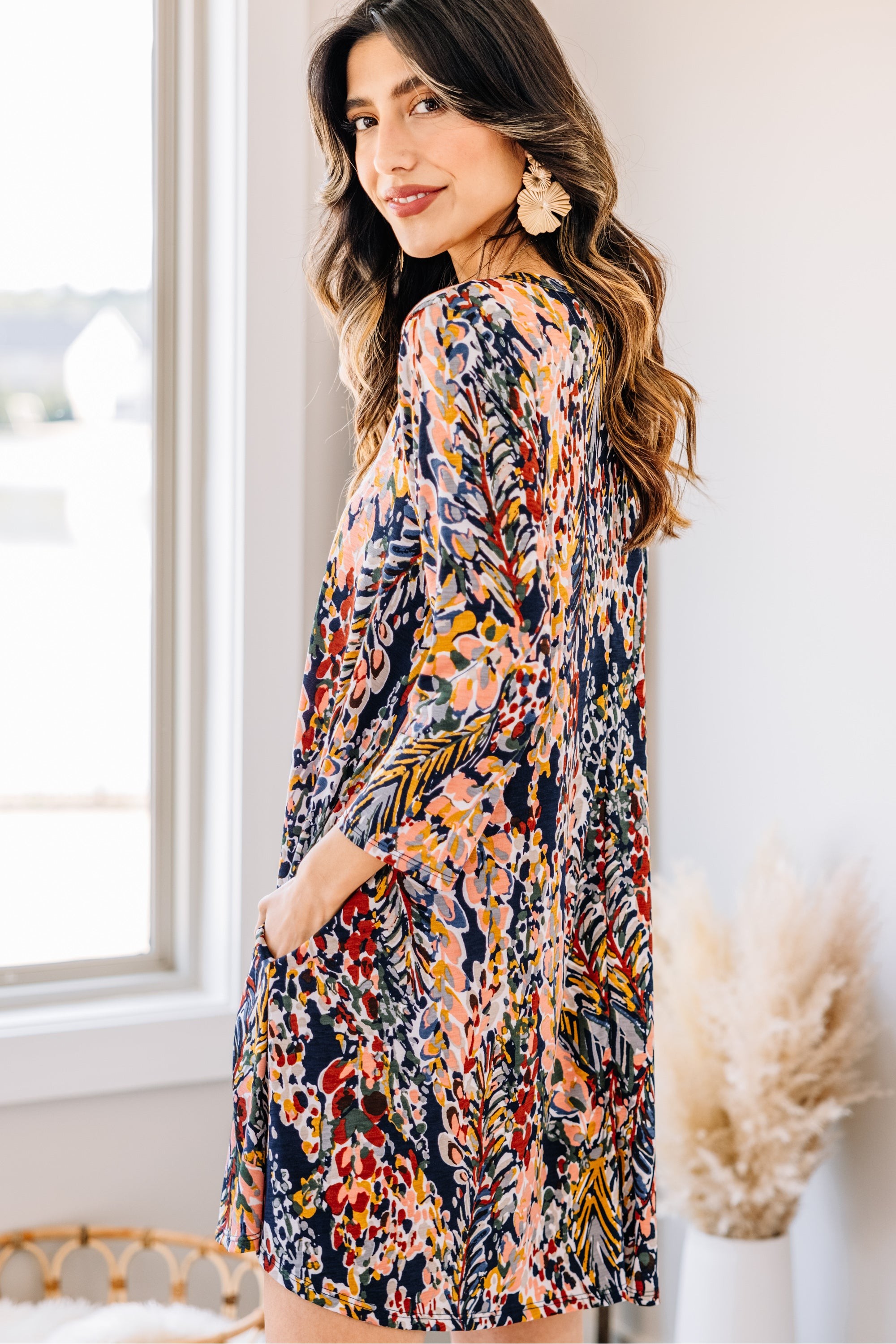 Just You Wait Dark Navy Blue Floral 3/4 Sleeve Dress