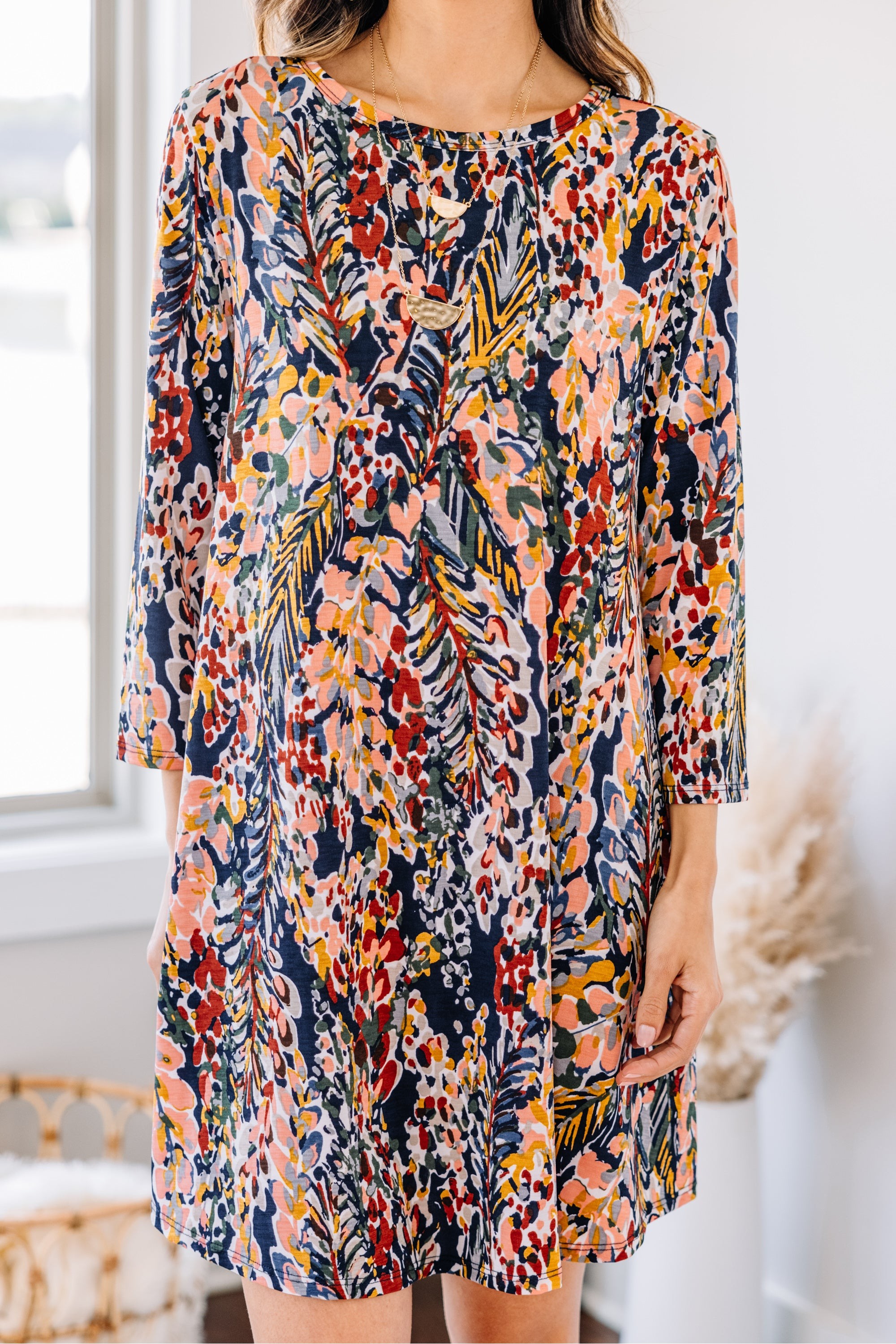 Just You Wait Dark Navy Blue Floral 3/4 Sleeve Dress