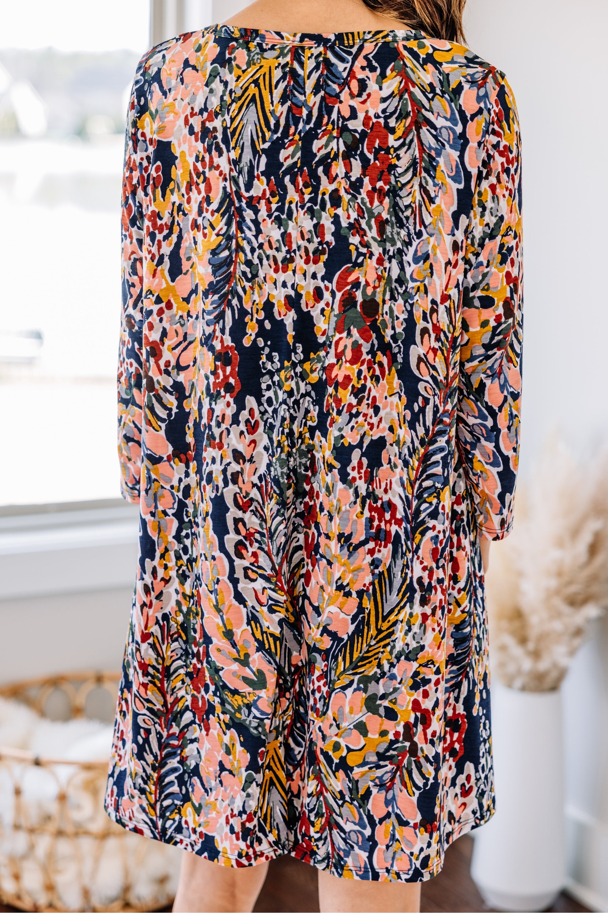 Just You Wait Dark Navy Blue Floral 3/4 Sleeve Dress