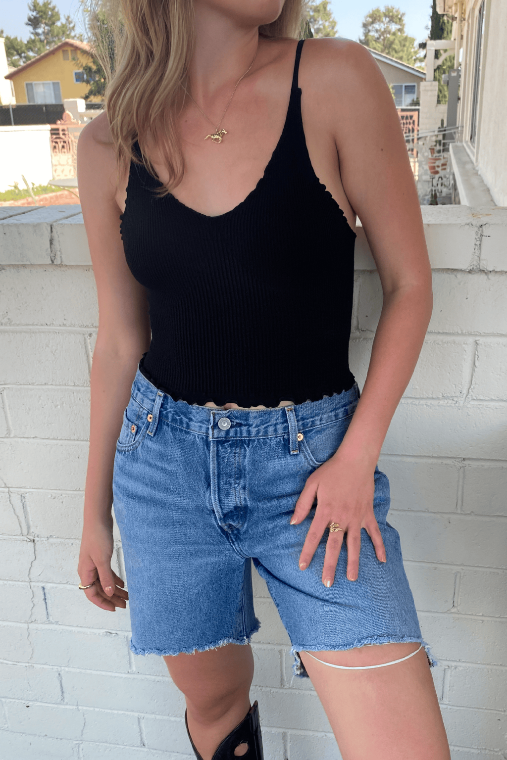 Lettuce Leaf Ribbed Cami Top-Black