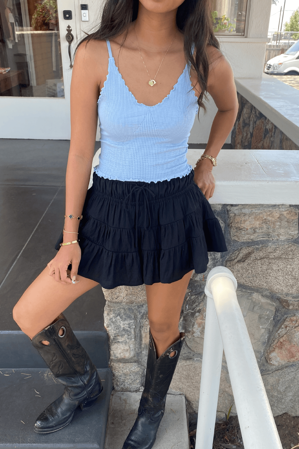 Lettuce Leaf Ribbed Cami Top-Black